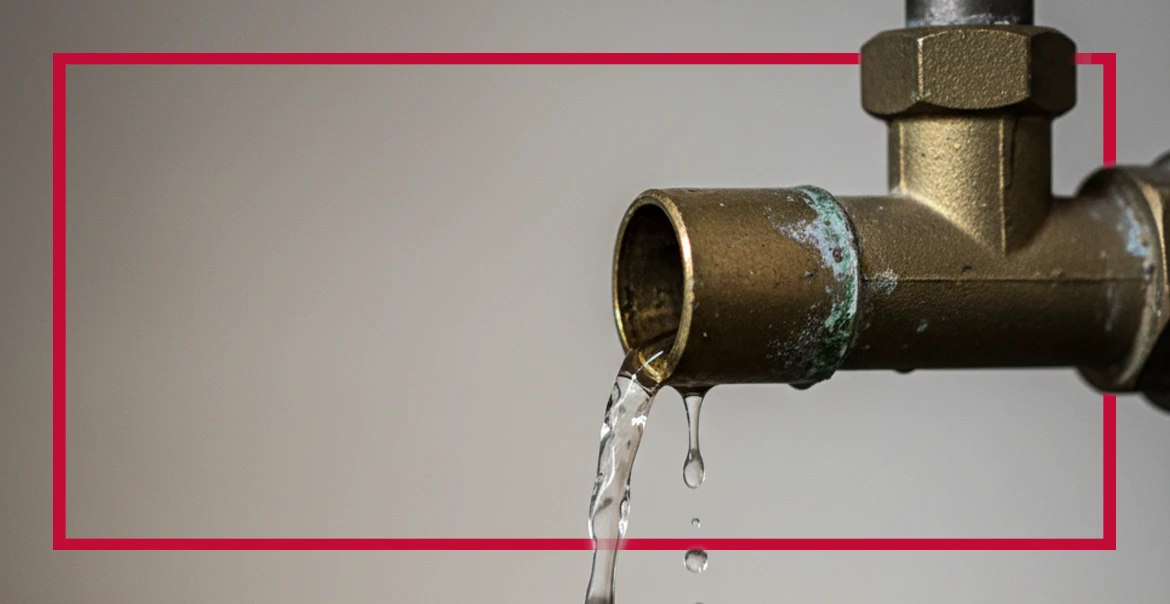Close-up of a pipe releasing water, illustrating a leaking pressure relief valve issue